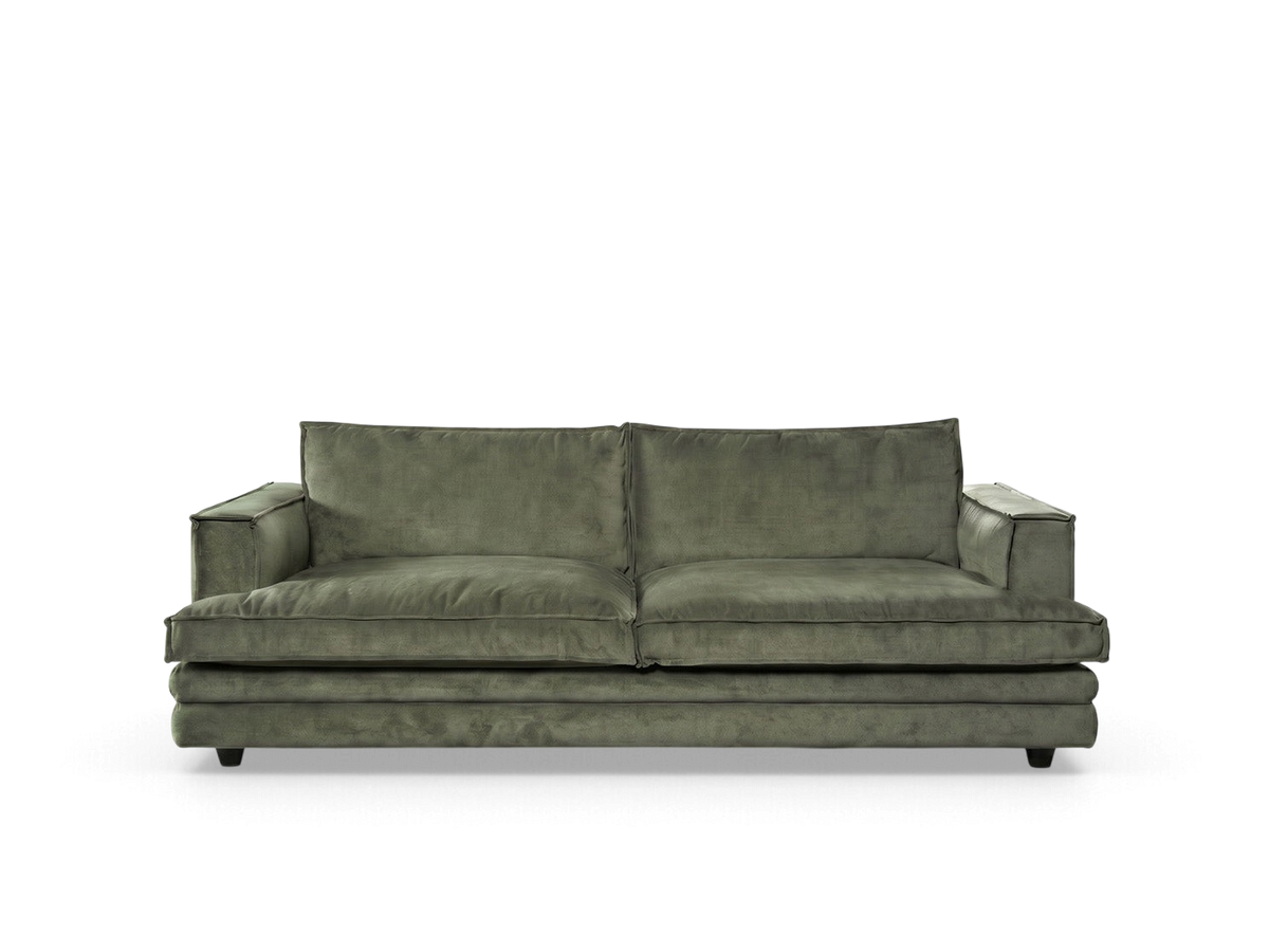 urbane EQ3 Agir 80 inch modern sofa in olive green velvet with soft architectural lines and detailed stitching