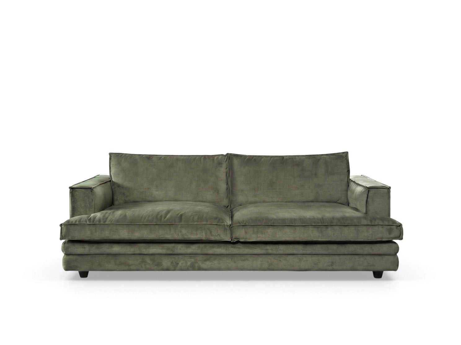 urbane EQ3 Agir 80 inch modern sofa in olive green velvet with soft architectural lines and detailed stitching