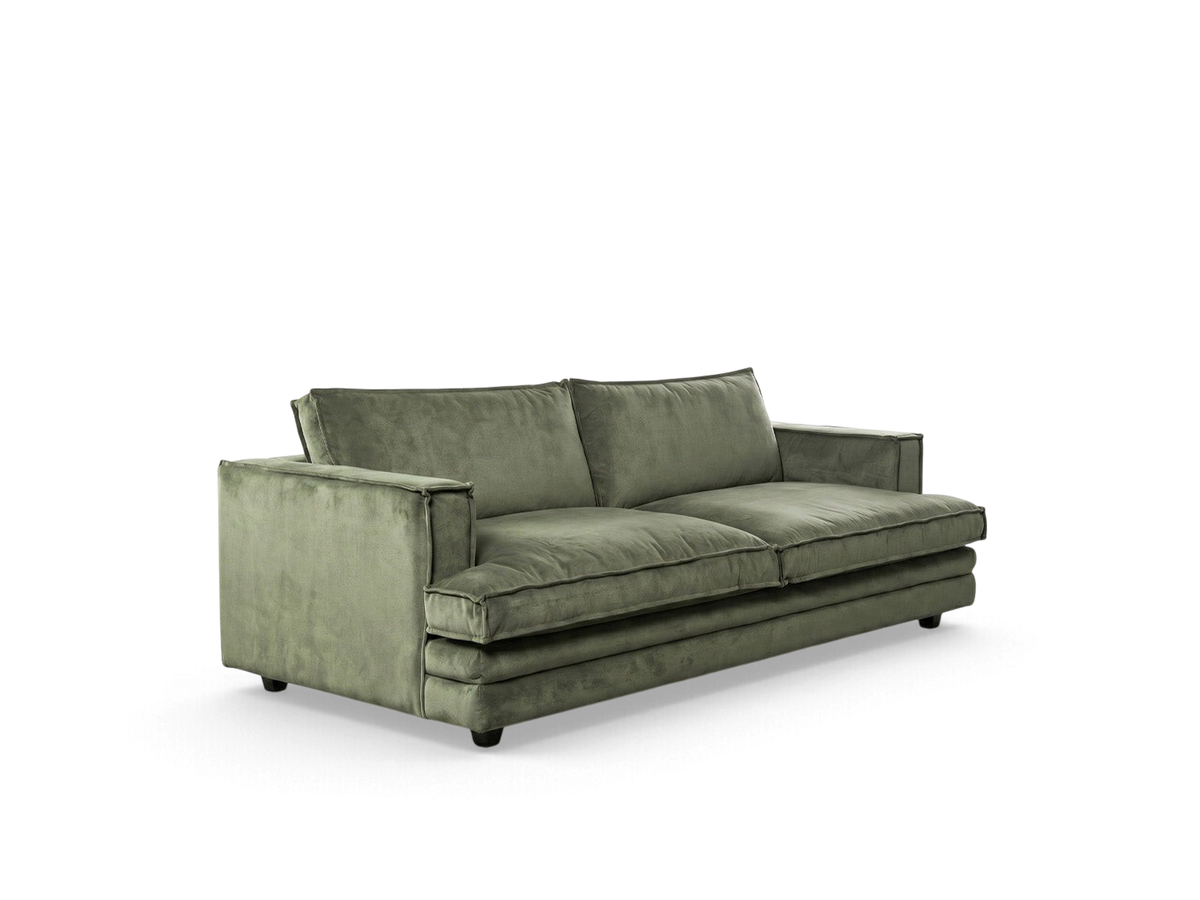 urbane EQ3 Agir 80-inch modern sofa in olive green velvet with architectural framework and detailed stitching