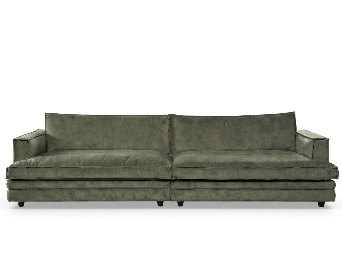 urbane EQ3 Agir 116-inch XL sofa in olive green fabric with a modern, low-profile architectural design.