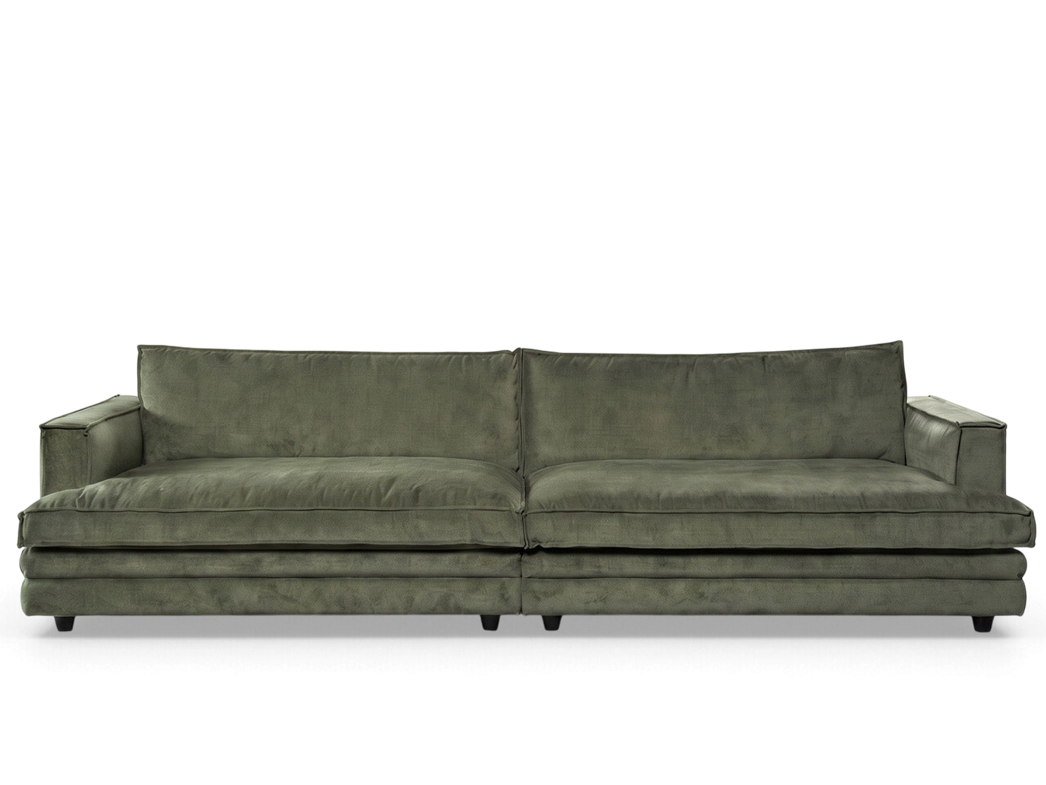 urbane EQ3 Agir 116-inch XL sofa in olive green fabric with a modern, low-profile architectural design.
