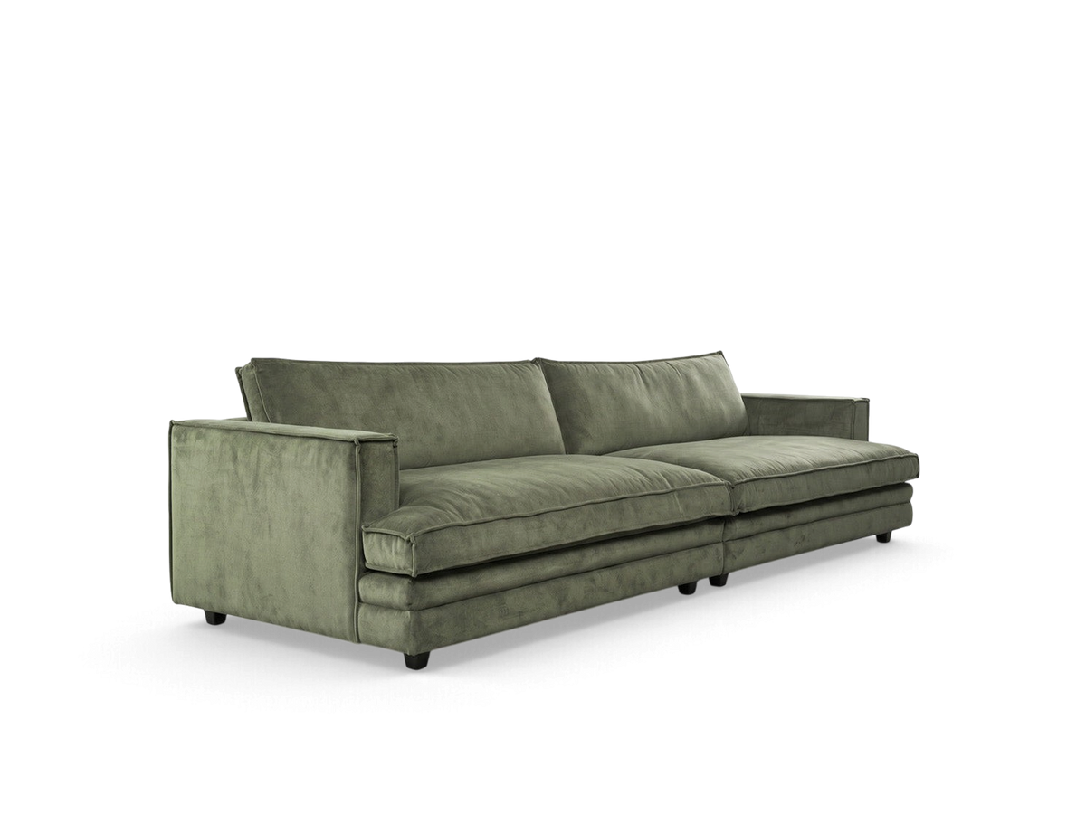 urbane EQ3 Agir 116-inch XL sofa in olive green velvet with a modern, low-profile architectural design.