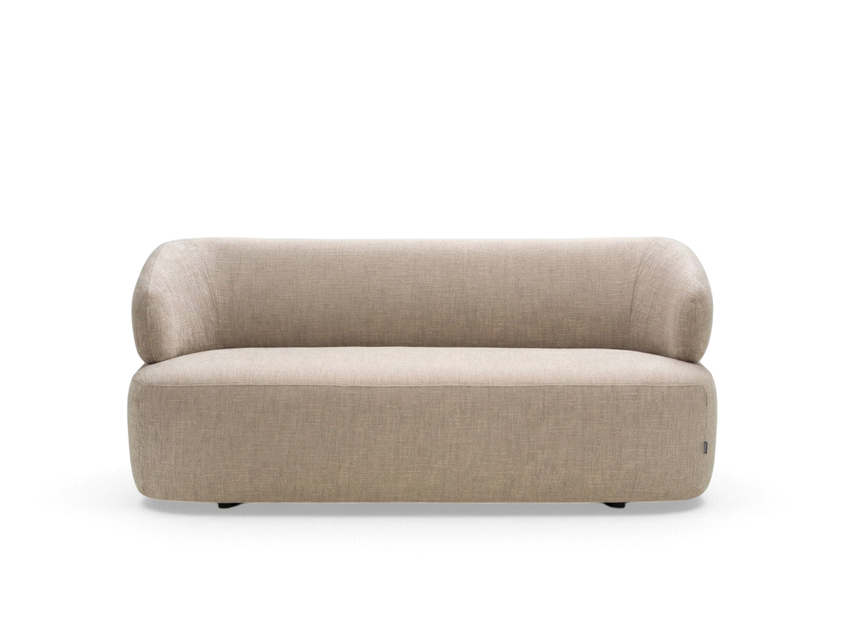 urbane EQ3 Alba 77-inch sofa in a neutral beige fabric with a curved silhouette and minimalist design