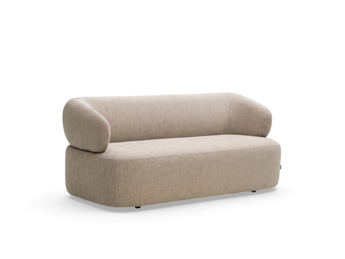 urbane EQ3 Alba 77-inch sofa in a neutral beige fabric with a curved, minimalist silhouette and rounded arms.