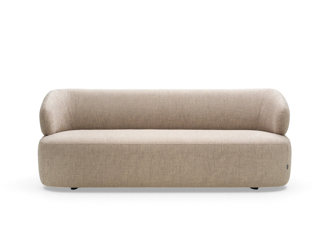 urbane EQ3 Alba 88-inch curved sofa in a neutral beige textured fabric with a minimalist silhouette