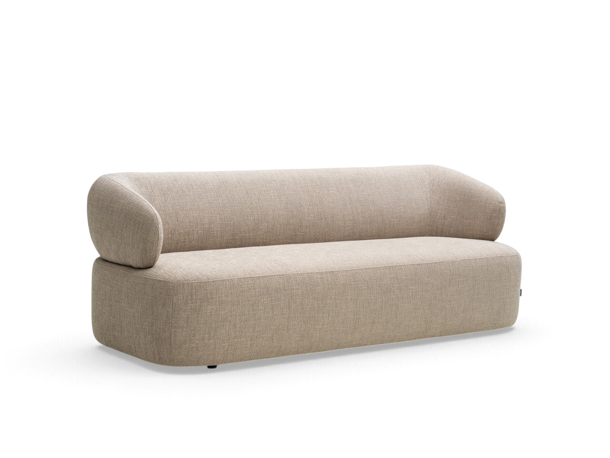 urbane EQ3 Alba 88-inch sofa in a neutral beige textured fabric with a curved, modern silhouette.