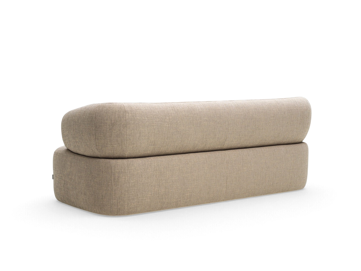 urbane EQ3 Alba 88-inch sofa in a neutral beige fabric with a curved, minimalist silhouette, back view.