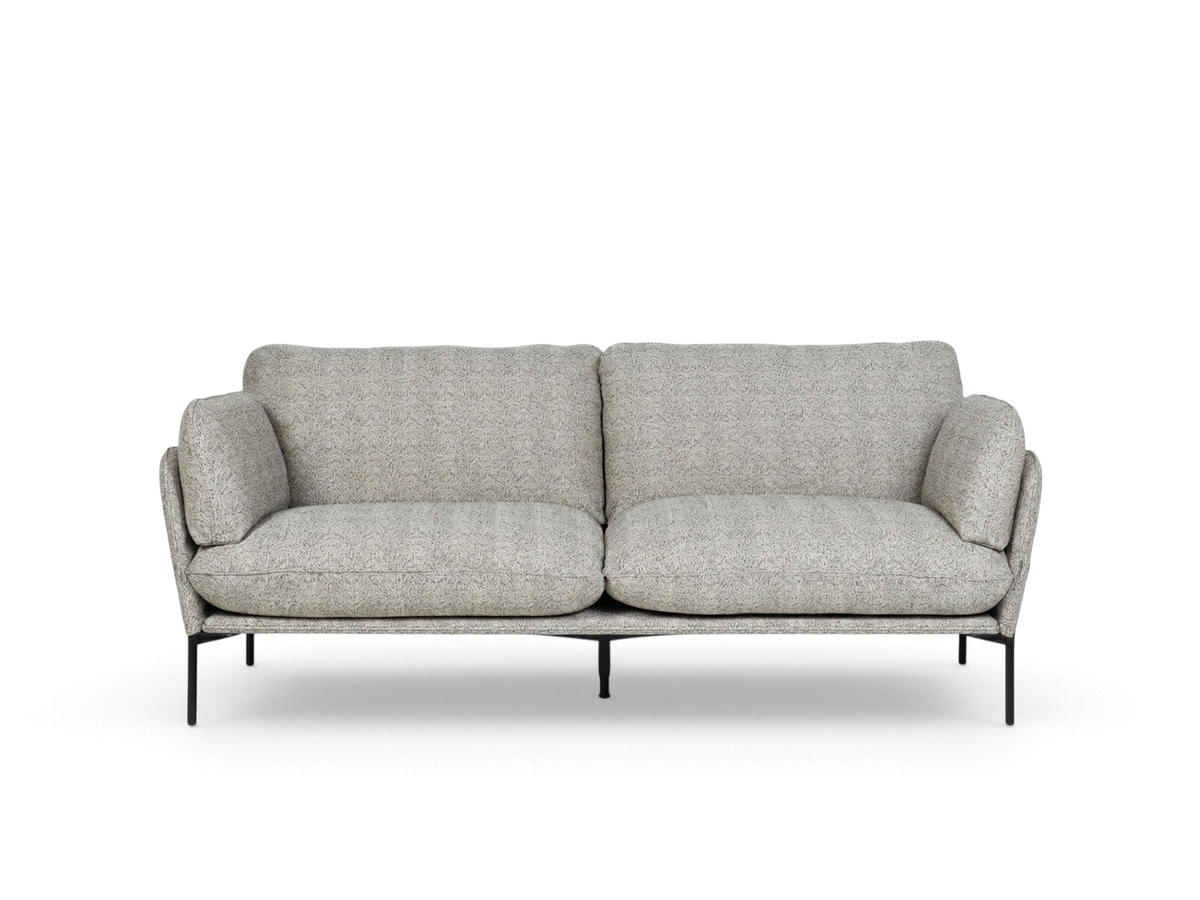 urbane EQ3 Aldon 80-inch sofa in light grey textured fabric with slim black metal legs and high back support