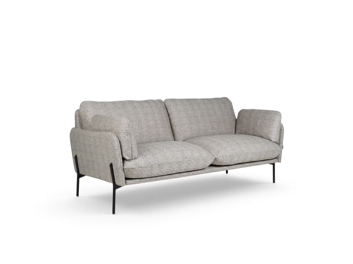 urbane EQ3 Aldon 80-inch sofa in light grey textured fabric with slim black metal legs and high back support