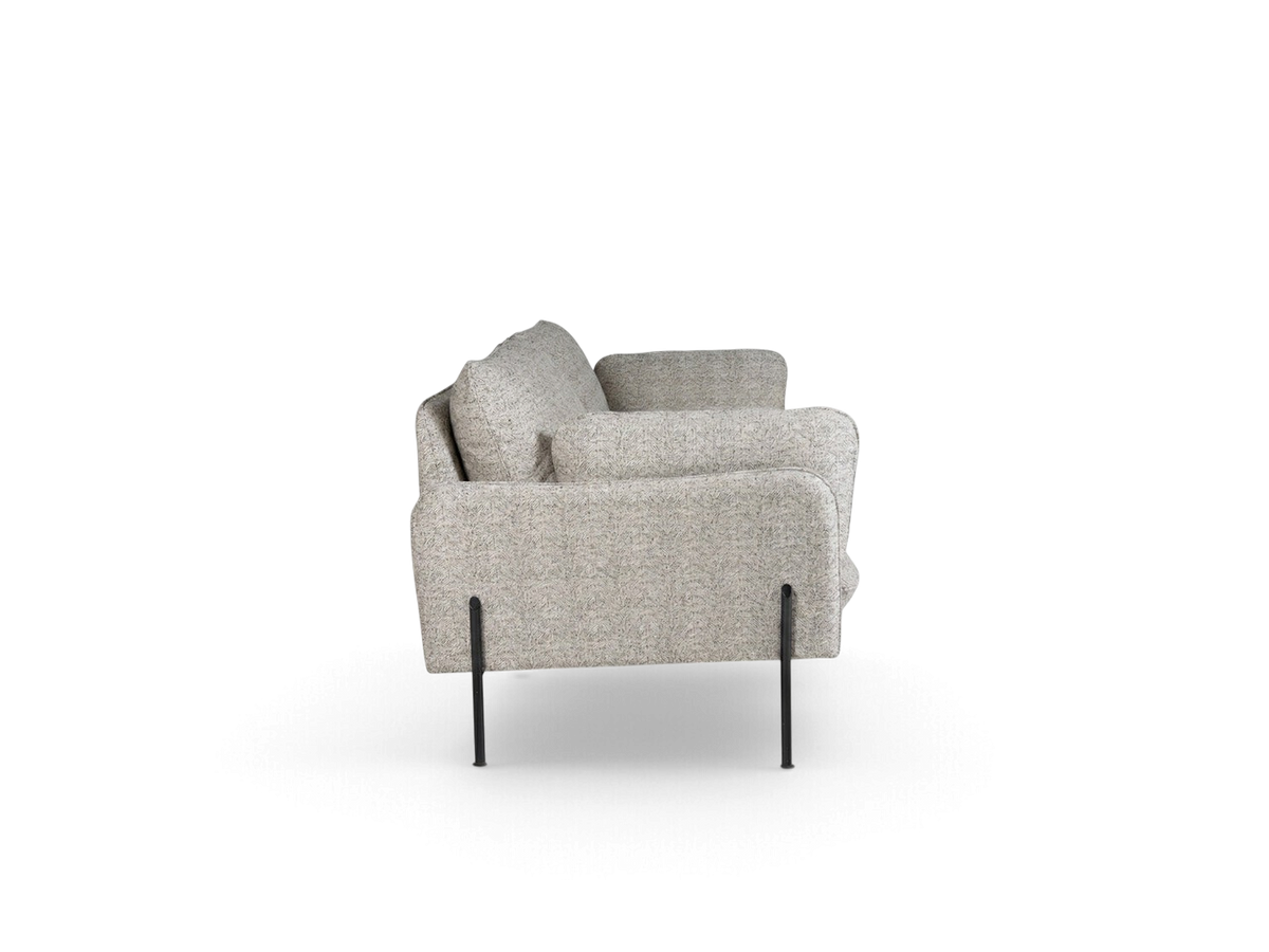 urbane EQ3 Aldon 80 inch sofa in light grey textured fabric with slim black metal legs, side view