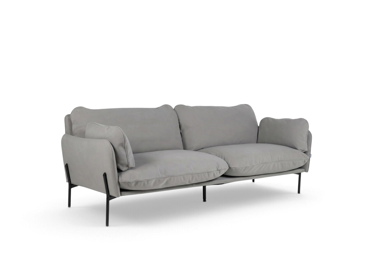 urbane EQ3 Aldon 88-inch grey sofa with chunky cushions and slim black metal legs on a white background