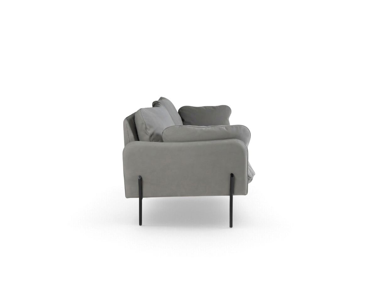 urbane EQ3 Aldon 88 inch sofa in grey with chunky cushions and slim black metal legs, side profile view