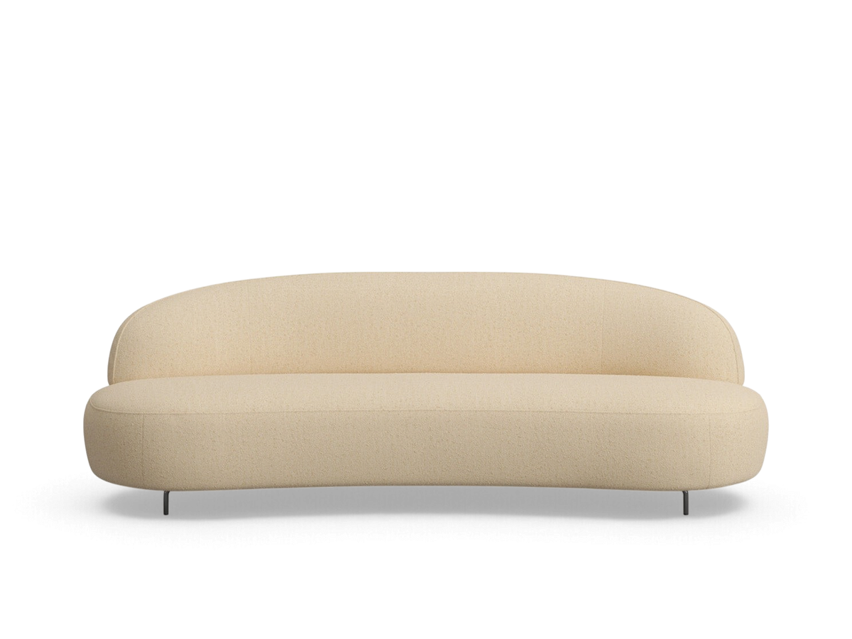 urbane EQ3 Aria 88-inch curved sofa in cream textured fabric with a minimalist rounded design and slim black legs