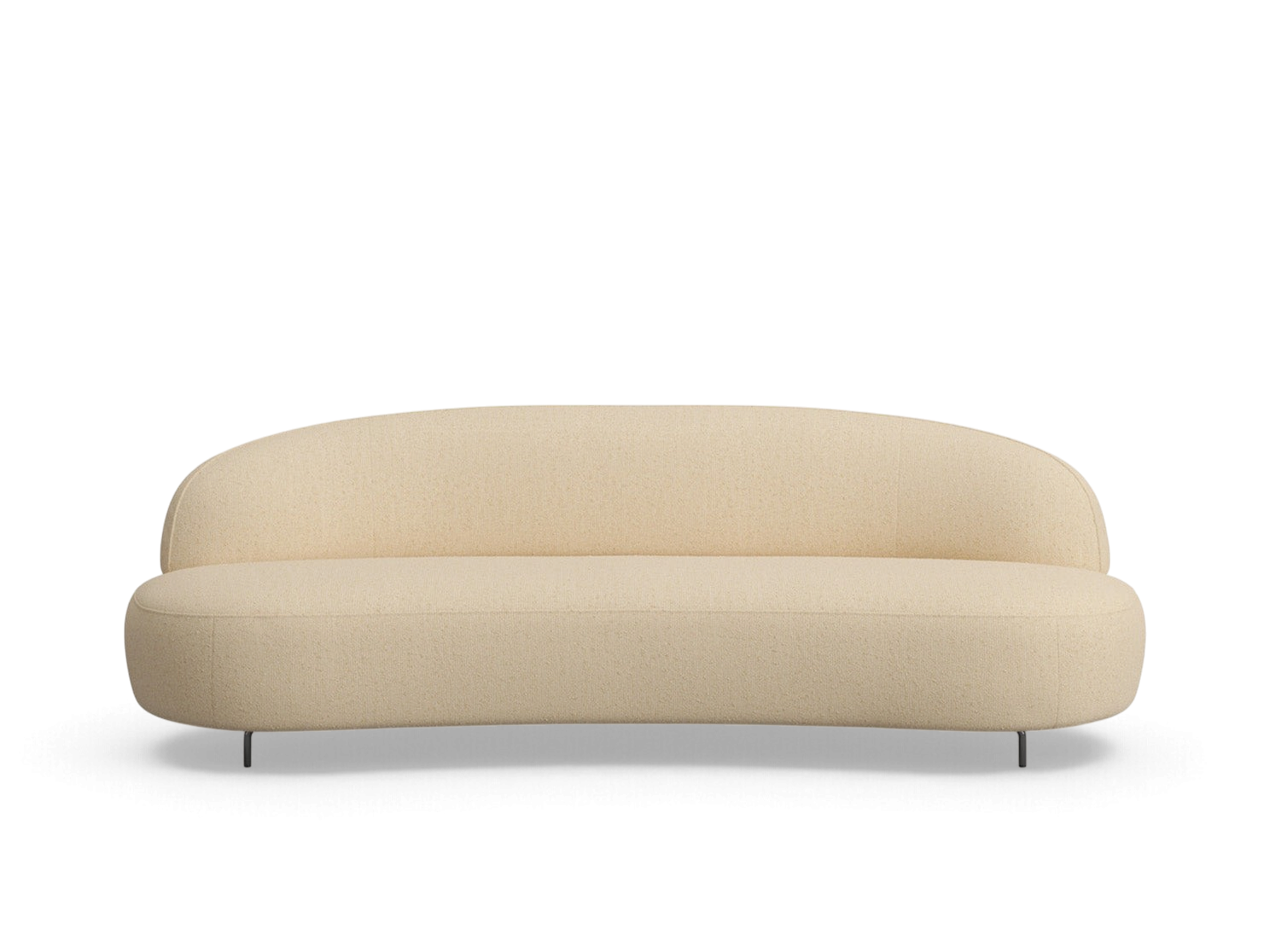 urbane EQ3 Aria 88-inch curved sofa in cream textured fabric with a minimalist rounded design and slim black legs