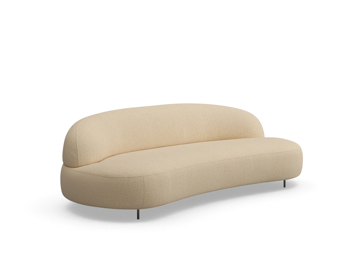 urbane EQ3 Aria 88-inch curved sofa in a textured cream fabric with a minimalist rounded frame and low profile legs