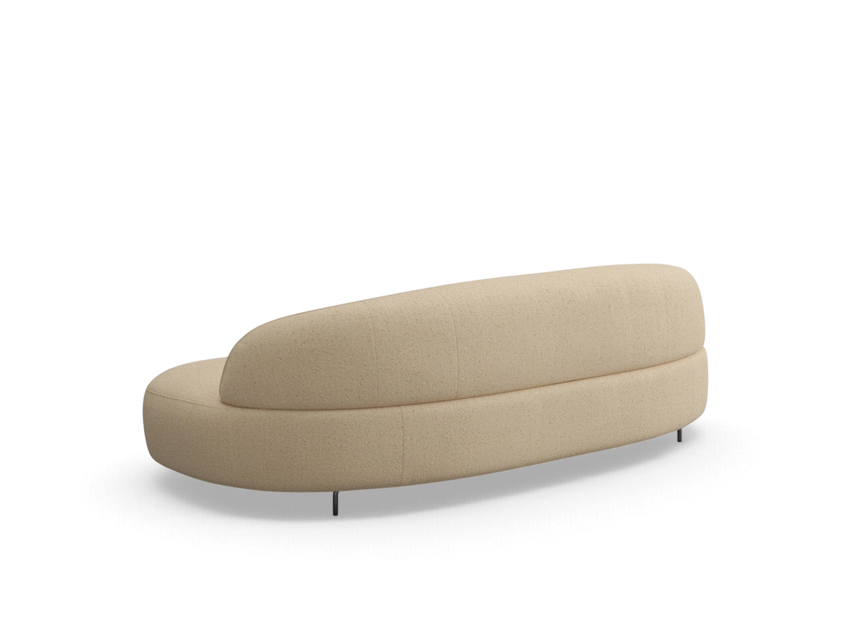 urbane EQ3 Aria 88-inch curved sofa in beige textured fabric with a rounded back and minimalist black legs