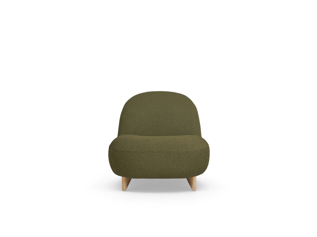 urbane EQ3 Arlo chair in olive green bouclé fabric with a solid oak base, featuring a curved, compact design.