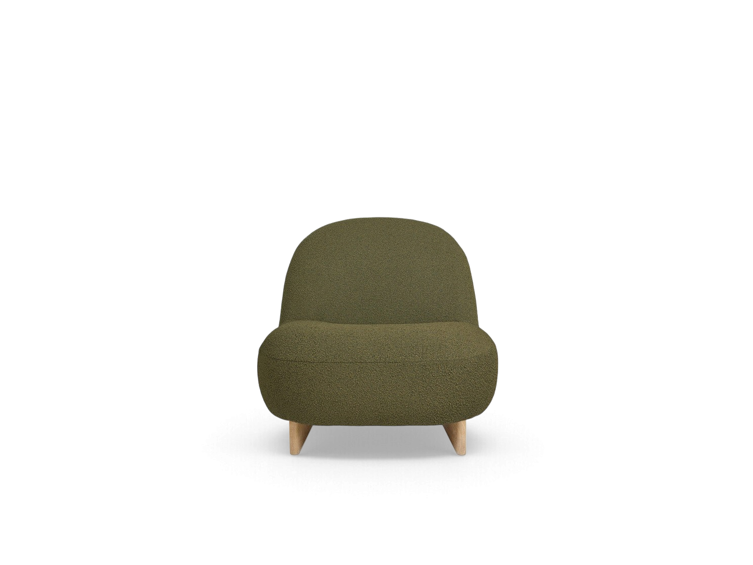 urbane EQ3 Arlo chair in olive green bouclé fabric with a solid oak base, featuring a curved, compact design.
