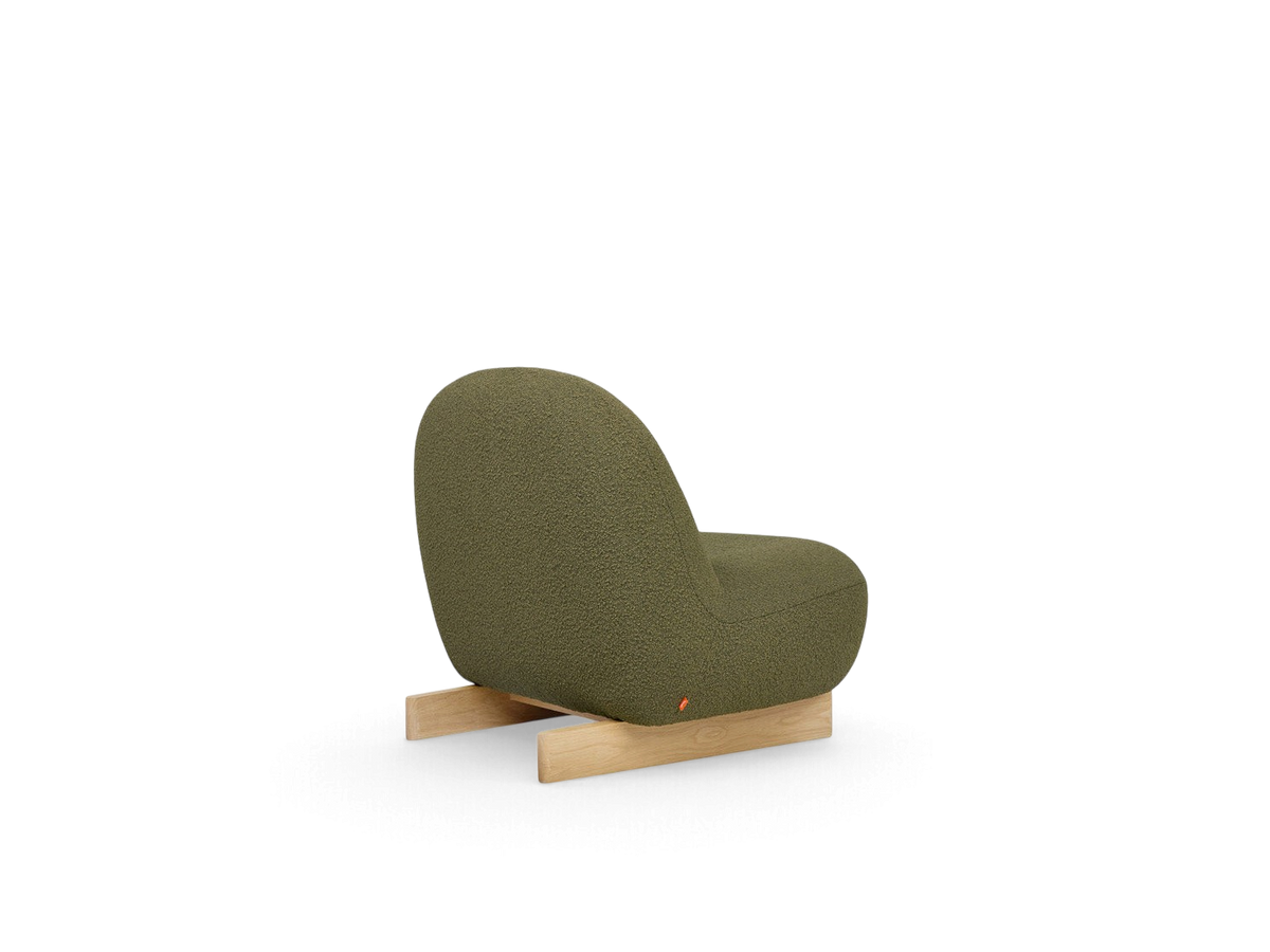 urbane EQ3 Arlo chair in olive green bouclé fabric with a solid oak sled base, back view