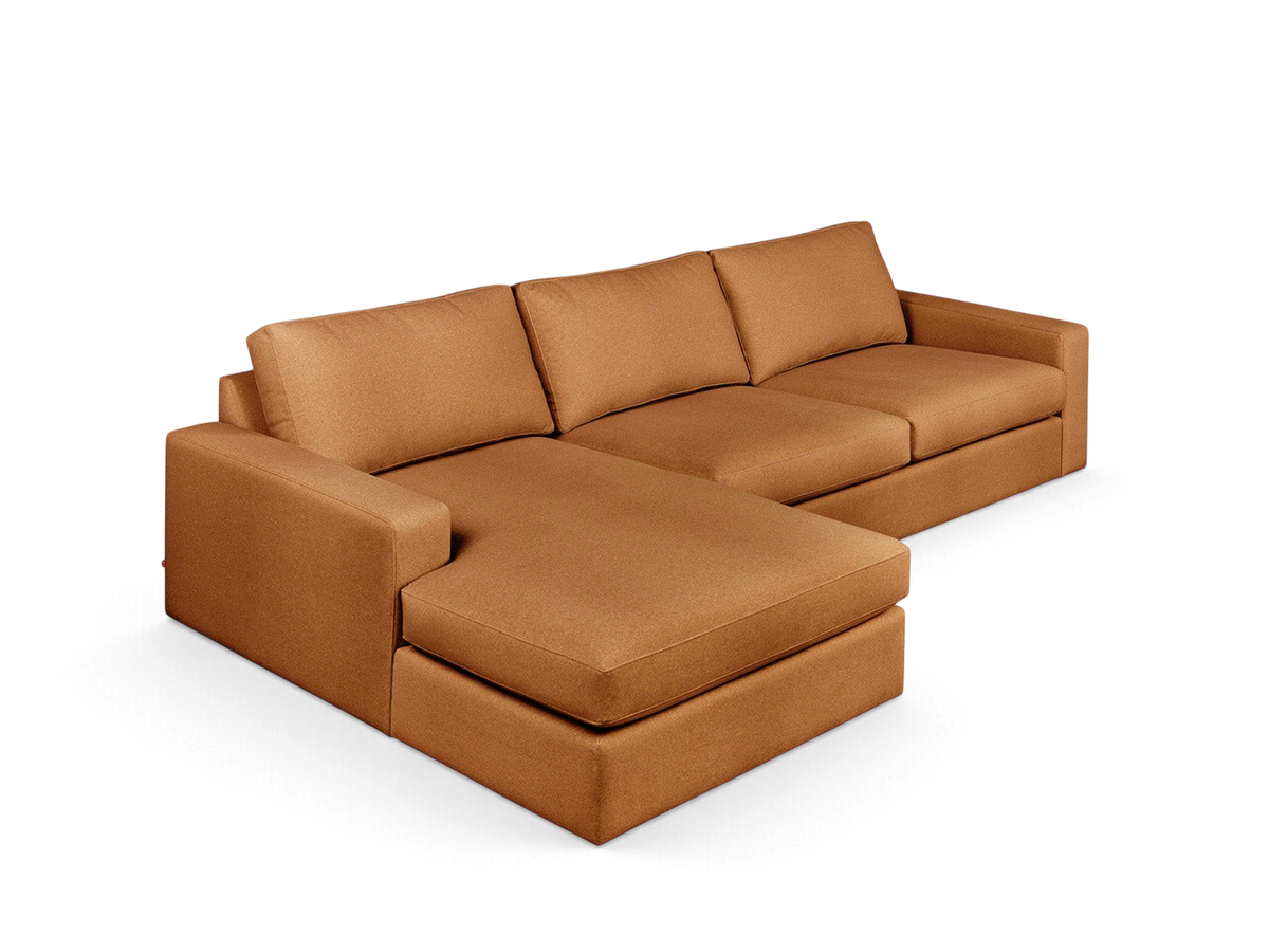urbane EQ3 Ashdale sectional sofa in a warm tan fabric with track arms and a comfortable chaise lounge