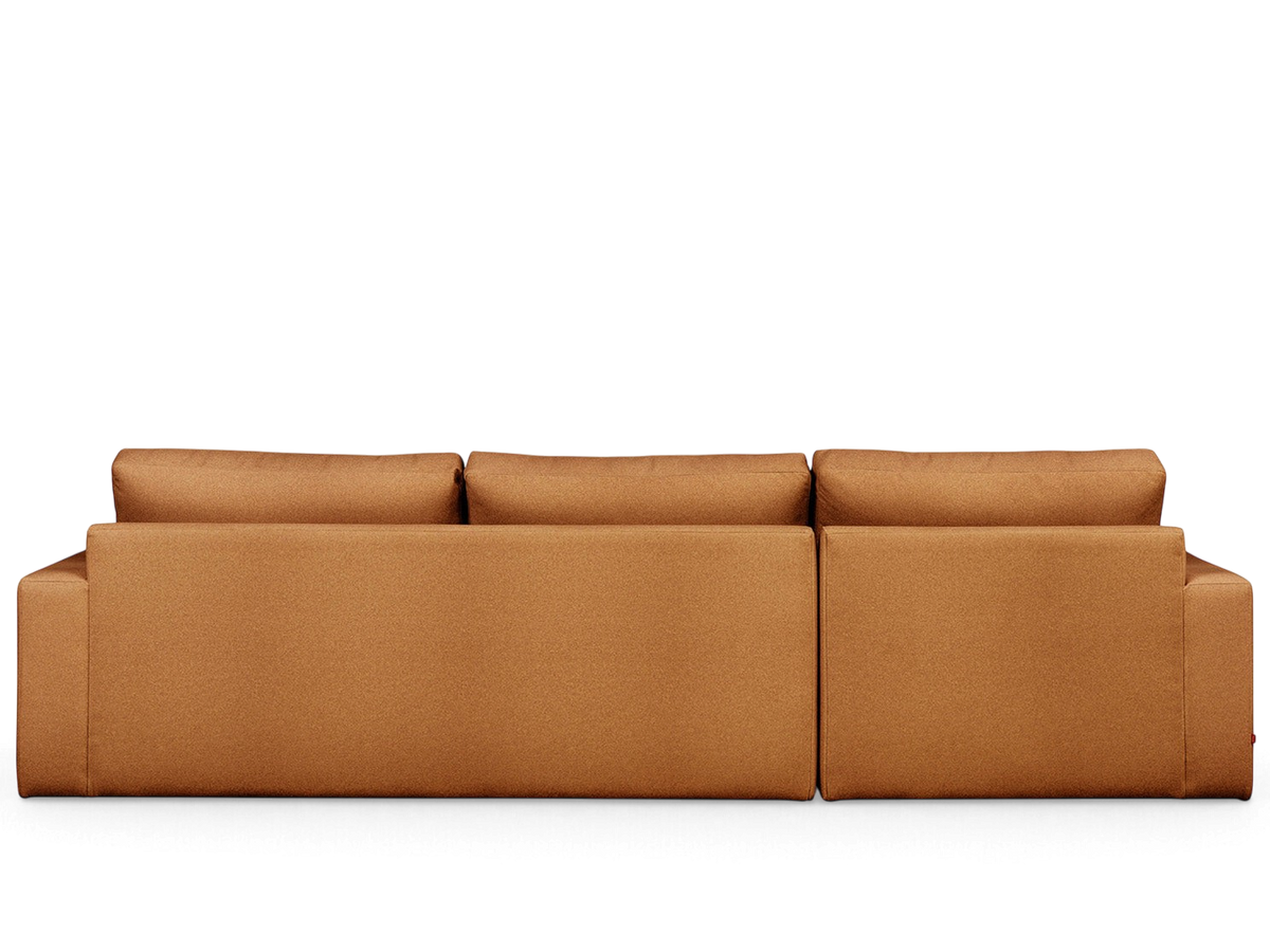 urbane EQ3 Ashdale sectional sofa in a warm brown fabric with a minimalist design and clean track arm silhouette