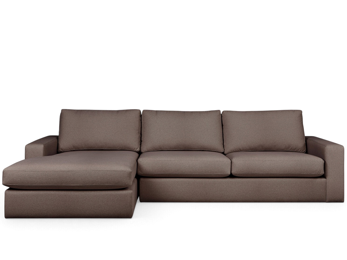 urbane EQ3 Ashdale sectional sofa in brown fabric with a minimalist design, track arms, and a left-facing chaise.