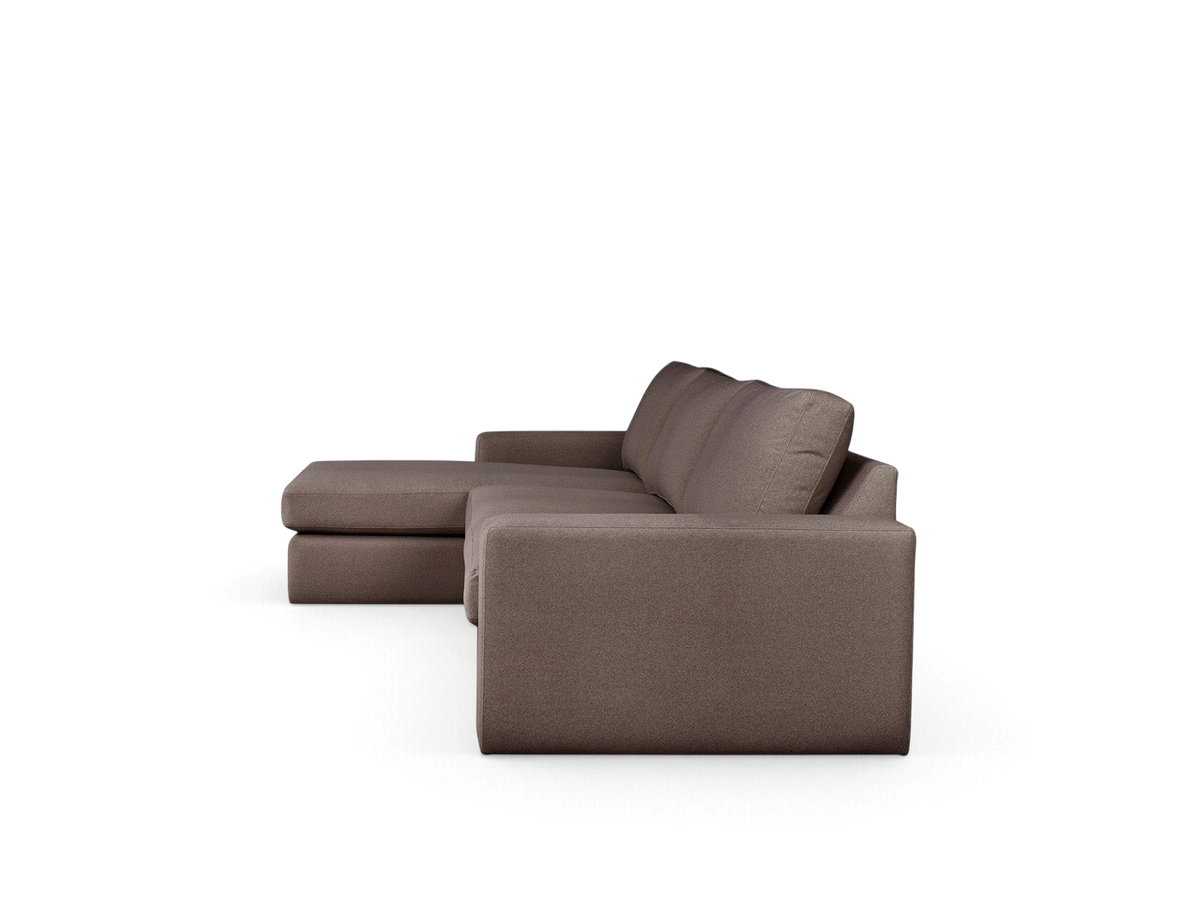 urbane EQ3 Ashdale sectional sofa in brown fabric with track arms and a chaise lounge on a white background