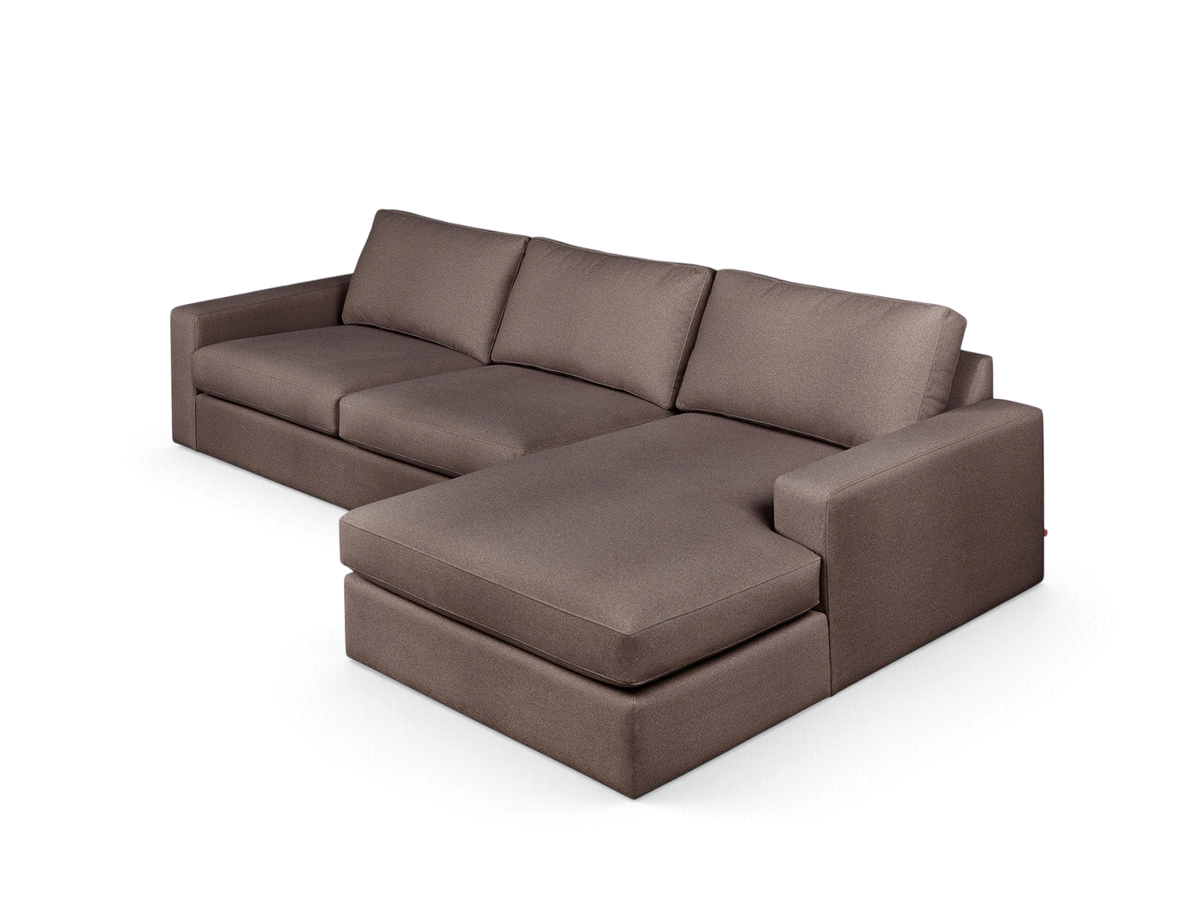 urbane EQ3 Ashdale sectional sofa in a warm brown fabric with a minimalist design and track arms