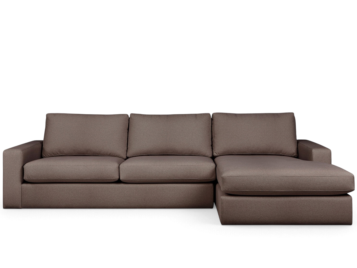 urbane EQ3 Ashdale sectional sofa in brown fabric with track arms and a chaise lounge in a minimalist design
