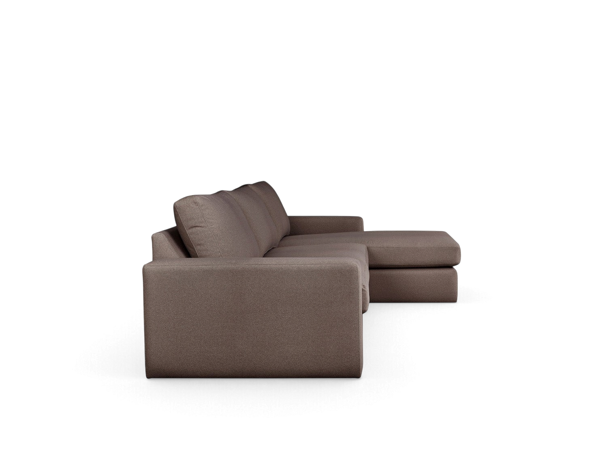 urbane EQ3 Ashdale sectional sofa in brown fabric with track arms and a chaise lounge in a side profile view