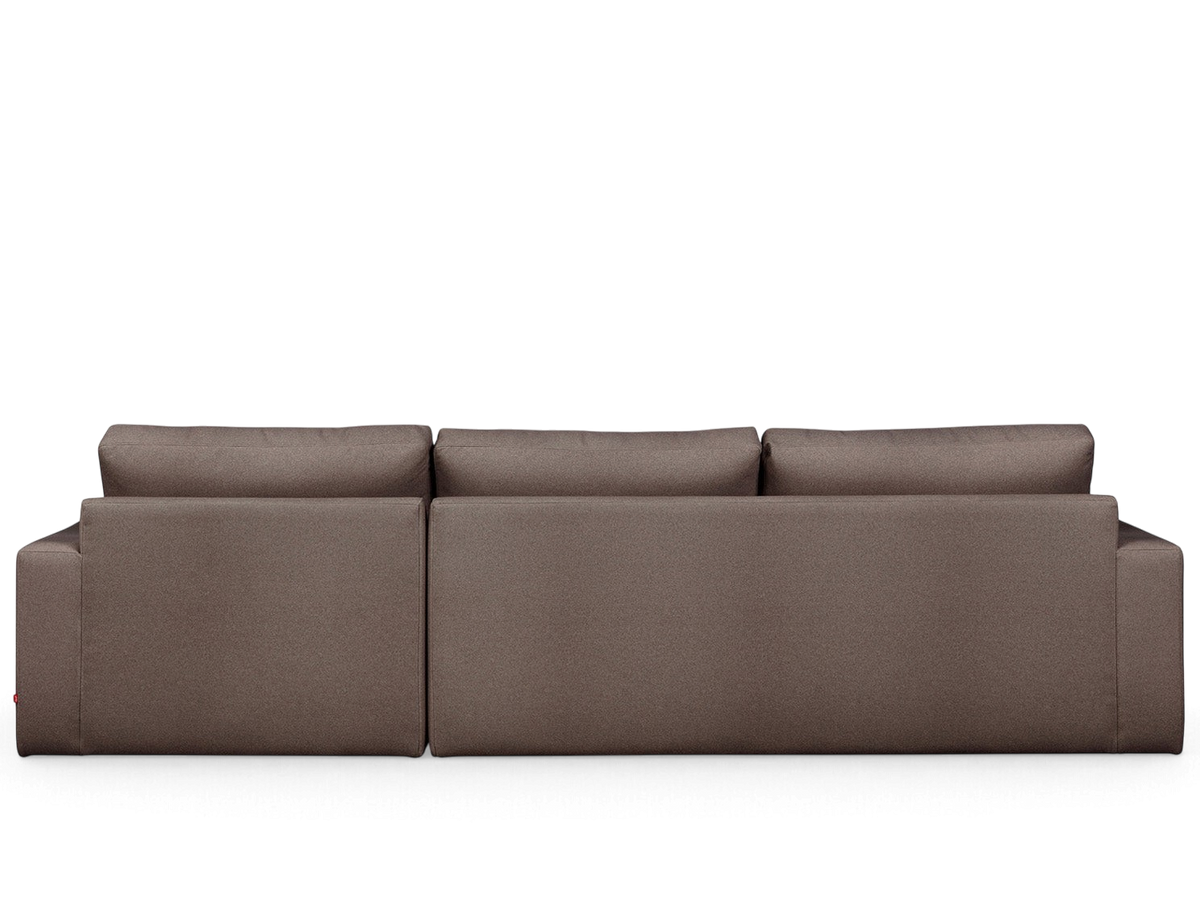urbane EQ3 Ashdale sectional sofa in brown fabric with a minimalist design and track arms, back view