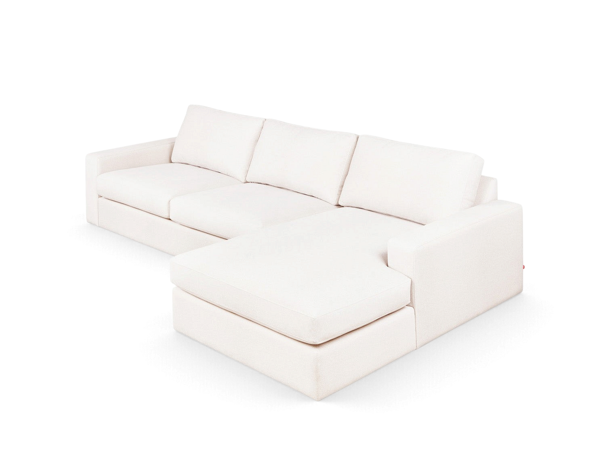 urbane EQ3 Ashdale sectional sofa in cream fabric with a minimalist design, track arms, and a right-facing chaise.