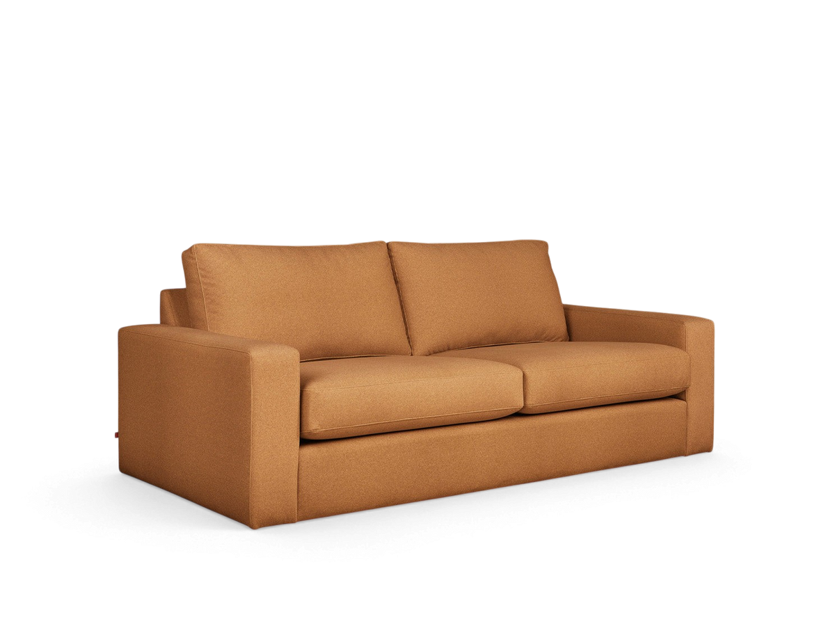 urbane EQ3 Ashdale sofa in a warm tan fabric with a minimalist design, track arms, and comfortable cushions.
