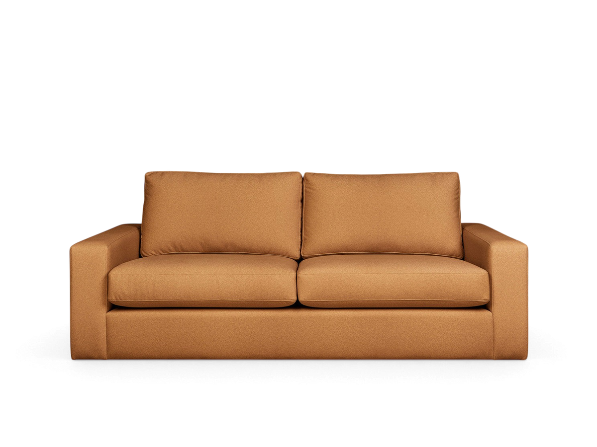 urbane EQ3 Ashdale sofa in a warm tan fabric with a minimalist design, track arms, and comfortable deep cushions.