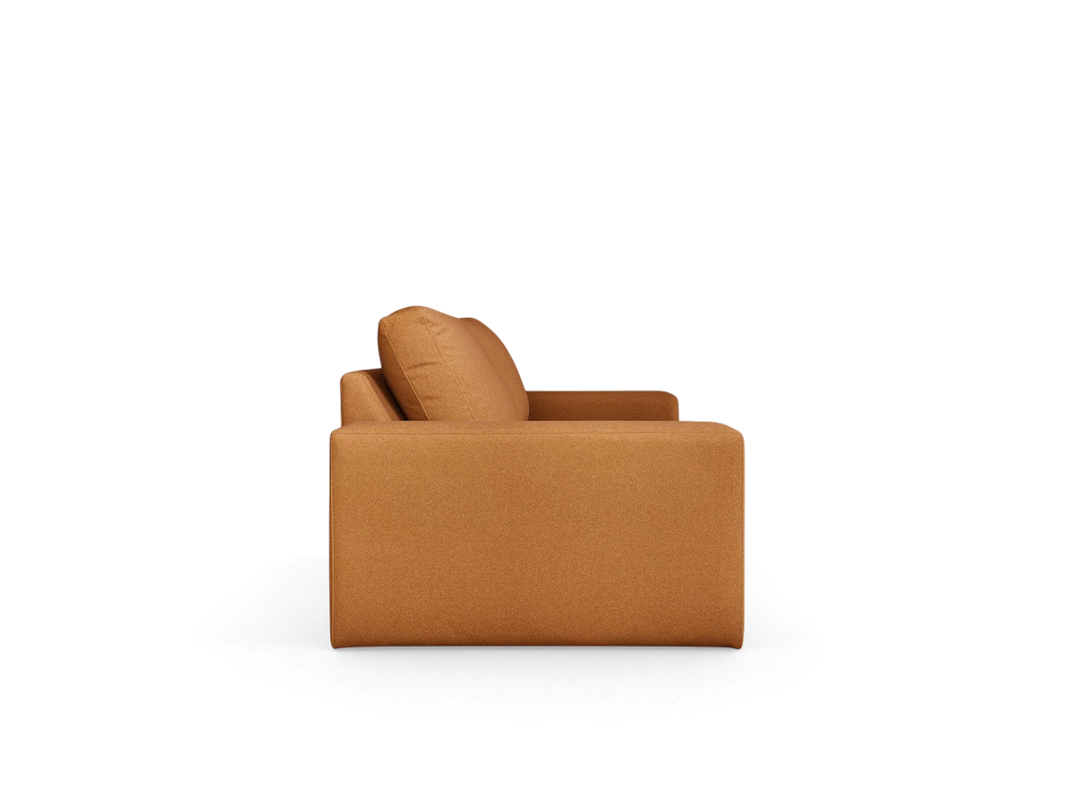 urbane EQ3 Ashdale sofa in a warm tan fabric with a minimalist track arm design viewed from the side