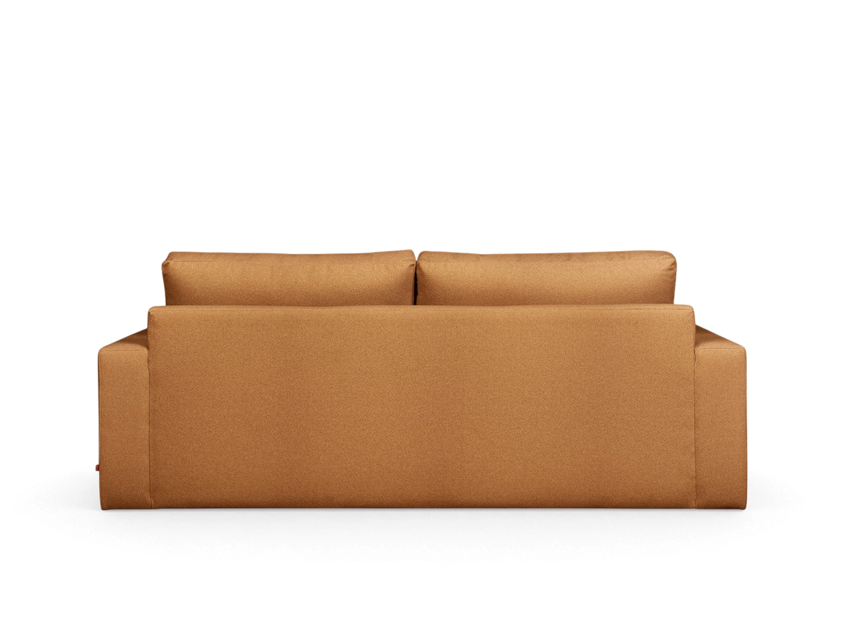 urbane EQ3 Ashdale sofa in a warm tan fabric with a minimalist silhouette and clean track arm design