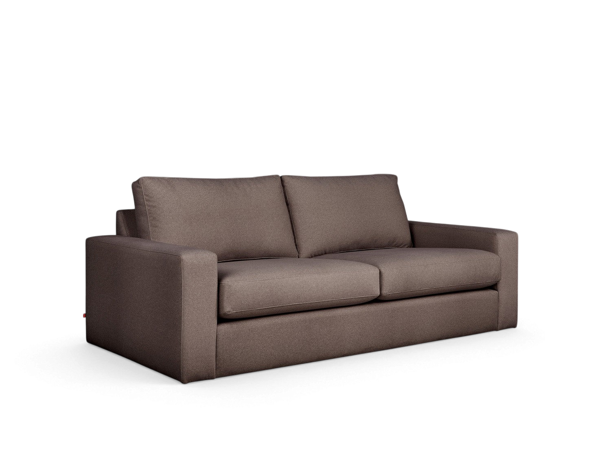 urbane EQ3 Ashdale sofa in a neutral grey fabric with a minimalist design, track arms, and comfortable cushions.
