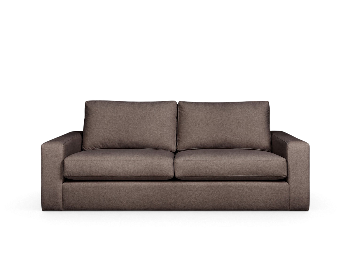 urbane EQ3 Ashdale sofa in a minimalist brown fabric design with track arms and comfortable reversible cushions