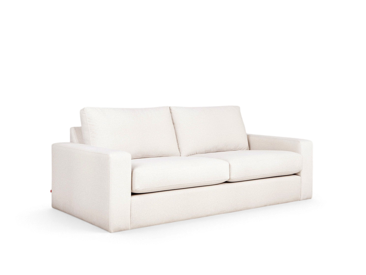 urbane EQ3 Ashdale sofa in a minimalist off-white fabric with track arms and comfortable synthetic-down cushions