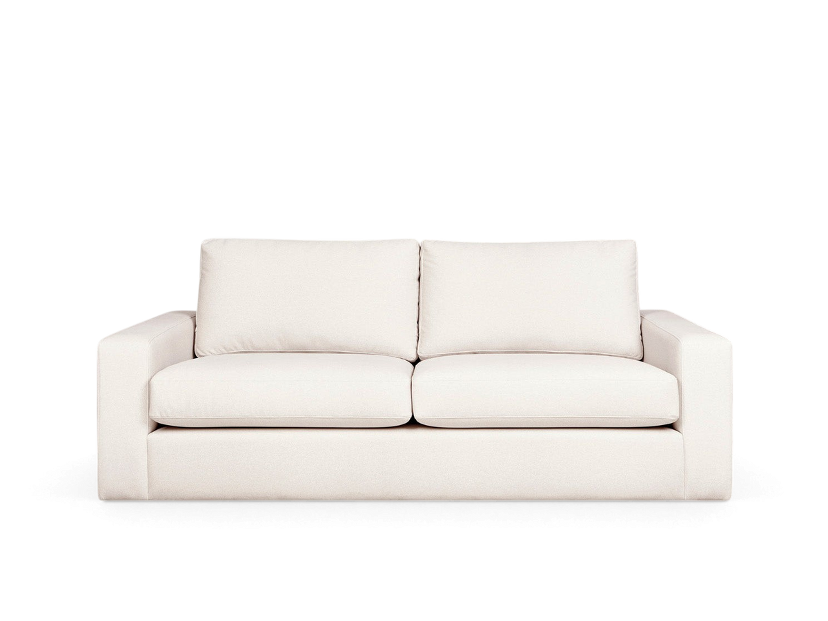 urbane EQ3 Ashdale sofa in a minimalist cream fabric with track arms and plush reversible cushions
