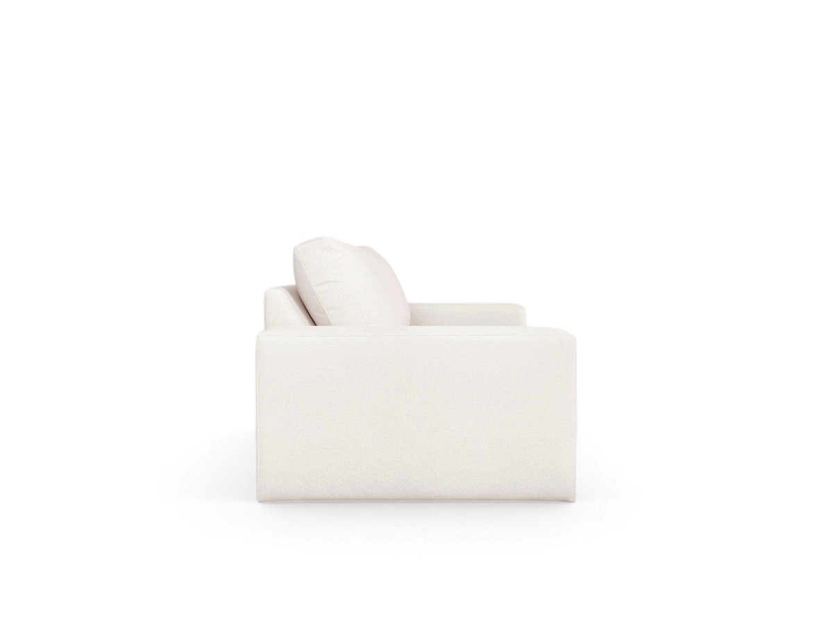 urbane EQ3 Ashdale sofa in a light cream fabric, featuring a minimalist design with track arms and a side profile view