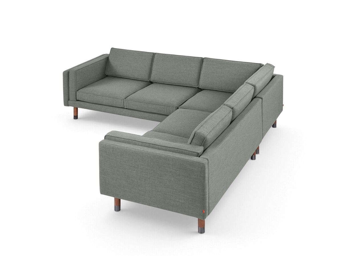 urbane EQ3 Augusta Bi-Sectional corner sofa in grey fabric with mid-century modern design and solid wood legs