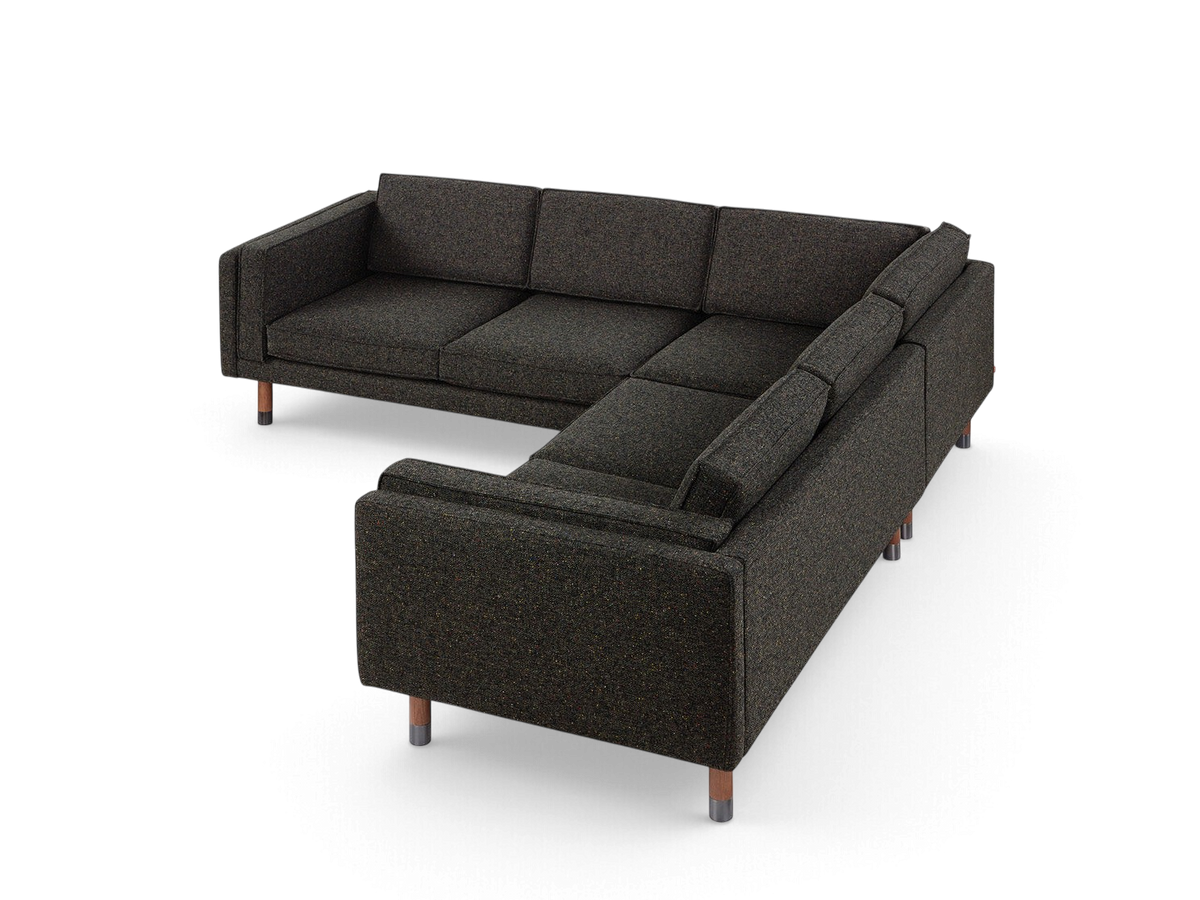 urbane EQ3 Augusta Bi-Sectional in dark textured fabric with solid wood legs and modern mid-century design