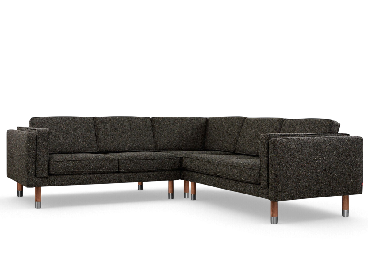 urbane EQ3 Augusta Bi-Sectional in dark textured fabric with walnut legs and pewter metal accents