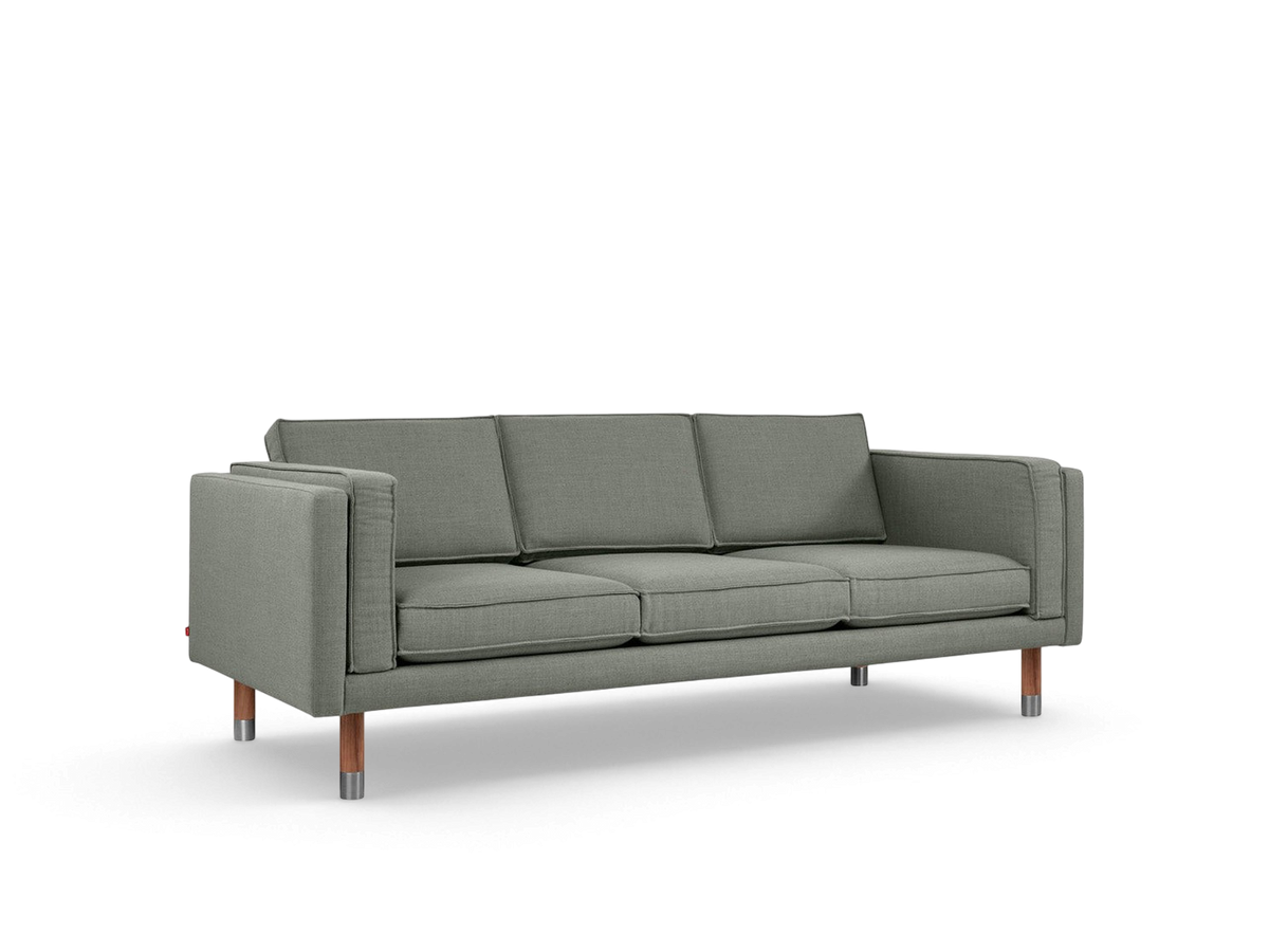 urbane EQ3 Augusta 3-over-3 club sofa in grey linen with French seam detailing and solid wood legs with metal accents