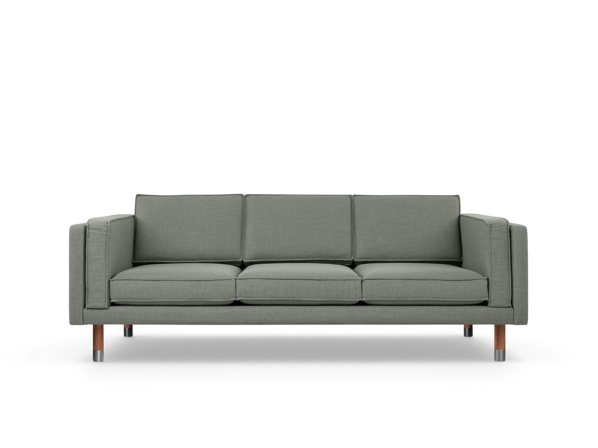 urbane EQ3 Augusta 3-over-3 club sofa in grey linen with French seam detailing and solid wood legs with metal accents
