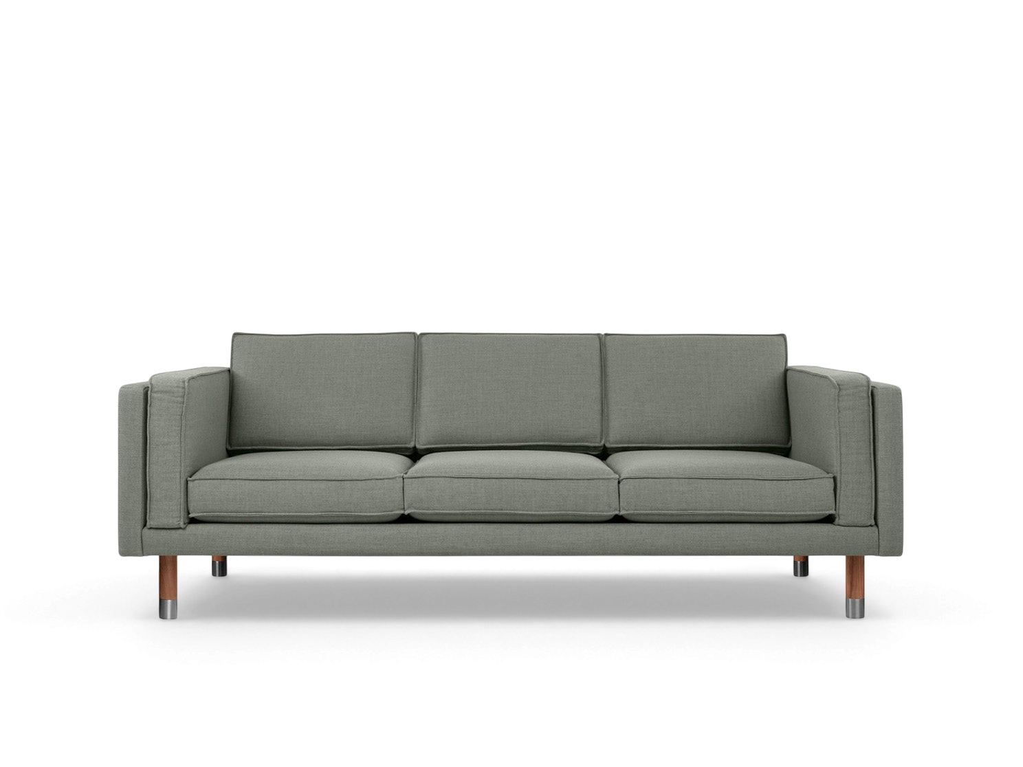 urbane EQ3 Augusta 3-over-3 club sofa in grey linen with French seam detailing and solid wood legs with metal accents
