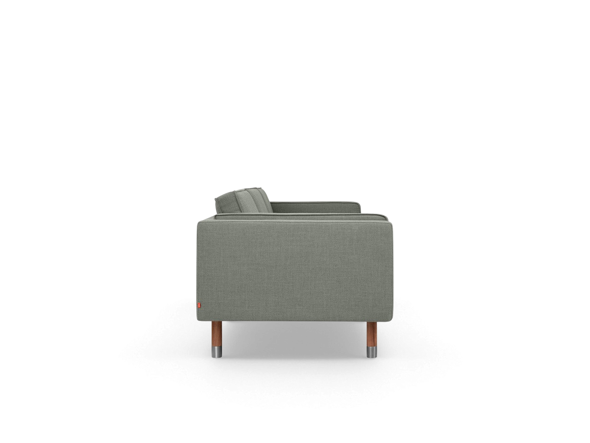 urbane EQ3 Augusta 3-over-3 club sofa in grey fabric with solid wood legs and metal detailing, side profile view