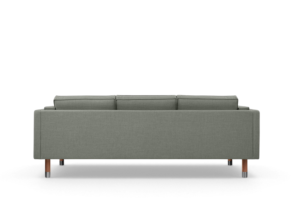 urbane EQ3 Augusta 3-over-3 club sofa in grey linen with solid wood legs and French seam detailing, back view