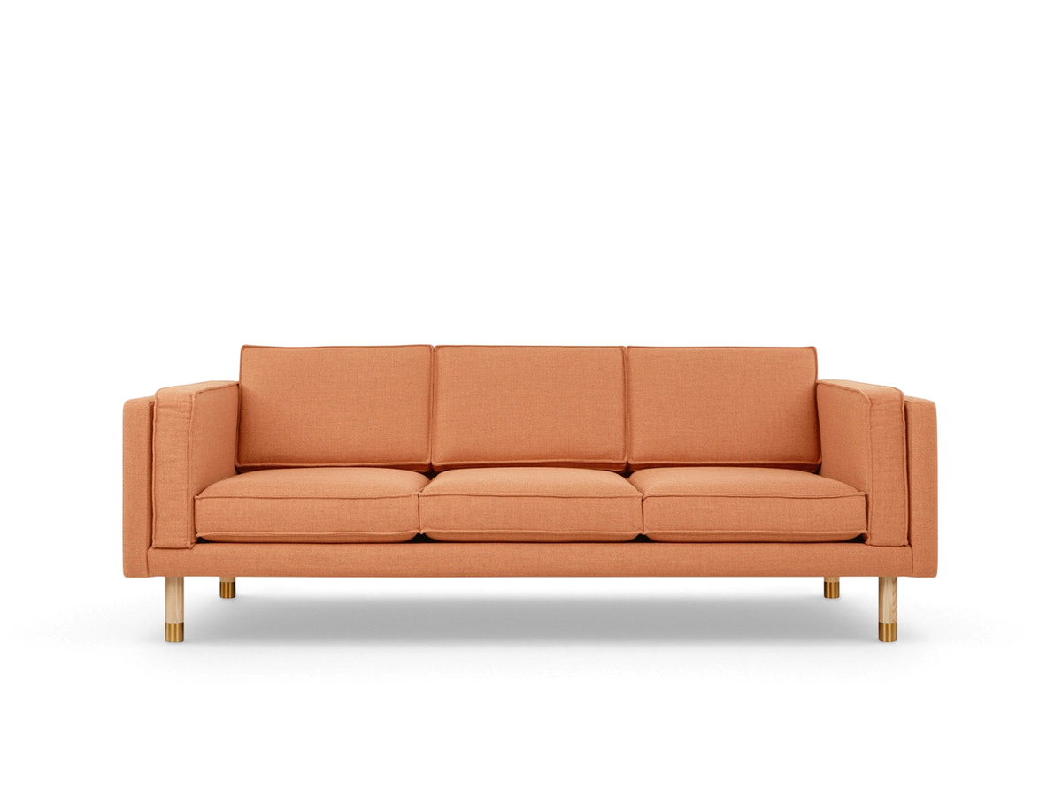 urbane EQ3 Augusta 3-over-3 club sofa in orange linen with French seam detailing and natural ash wood legs